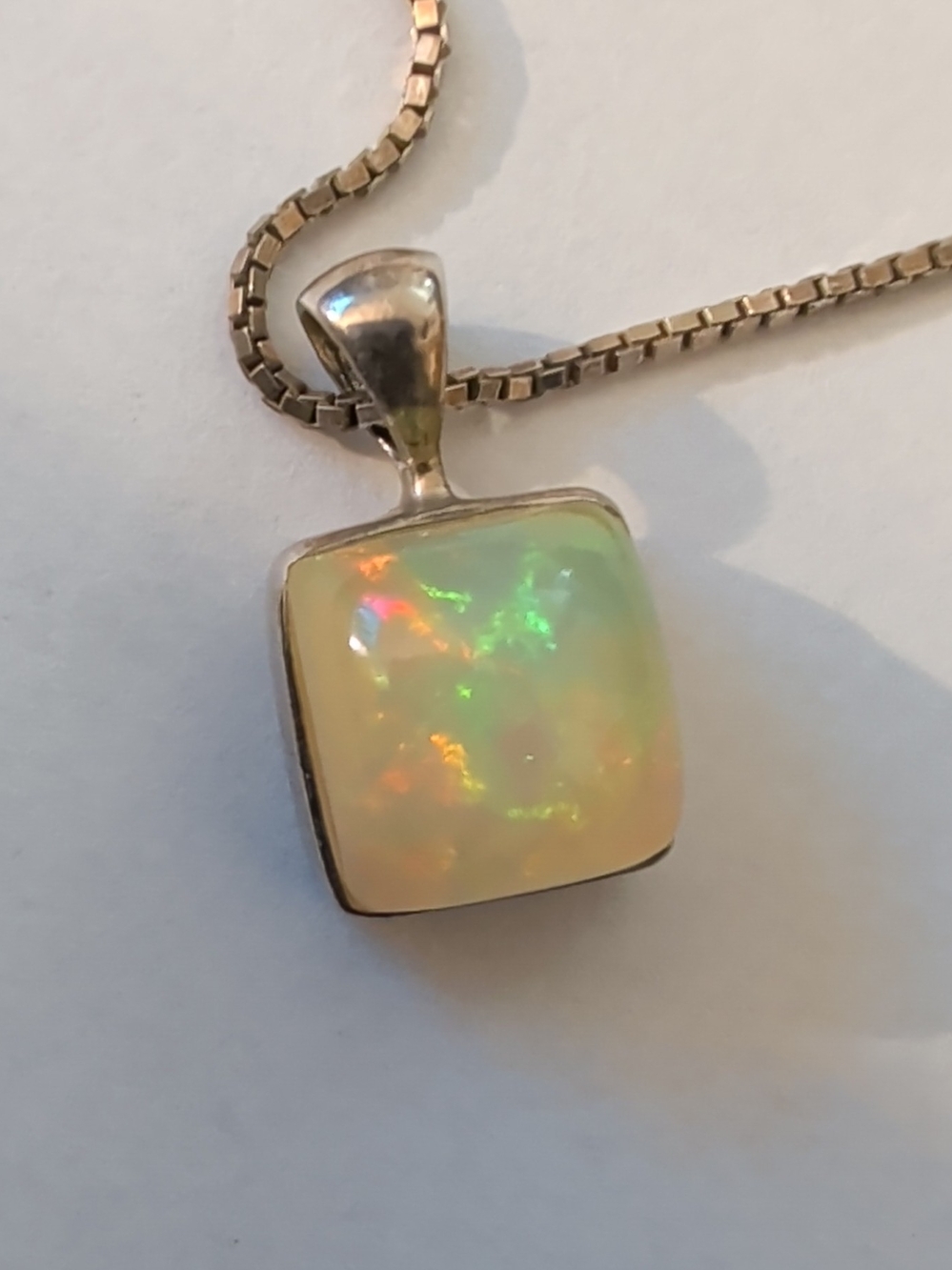 Sterling Silver Opal Pendant Necklace - iridescent Fire Opal Square
